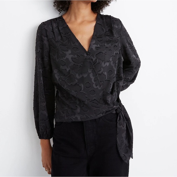 Madewell Black Floral Jacquard Side-Tie Wrap Top - Picture 1 of 10